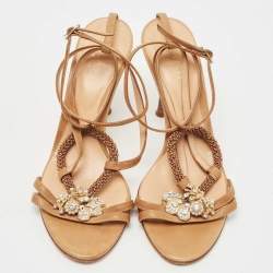 مملوكة مسبقًا Sergio Rossi Brown Leather Crystal Embellished Strappy Sandals Size 38