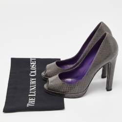 Pre Owned Sergio Rossi Grey Watersnake Leather Peep Toe Pumps Size 36.5
