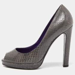 Pre Owned Sergio Rossi Grey Watersnake Leather Peep Toe Pumps Size 36.5