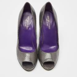 Pre Owned Sergio Rossi Grey Watersnake Leather Peep Toe Pumps Size 36.5