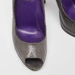 Pre Owned Sergio Rossi Grey Watersnake Leather Peep Toe Pumps Size 36.5