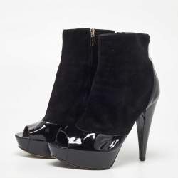 Sergio Rossi Black Patent And Suede Leather Baltimora Peep Toe Platform Ankle Boots Size 39.5