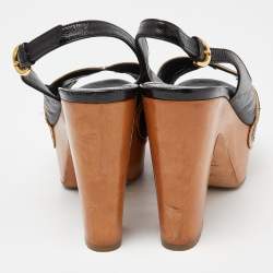 Pre Owned Sergio Rossi Black/Metallic Brown Leather Wooden Platform Open Toe Slingback Pumps Size 37.5