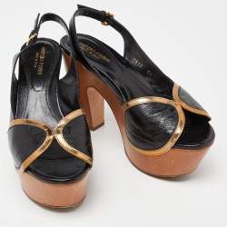 Pre Owned Sergio Rossi Black/Metallic Brown Leather Wooden Platform Open Toe Slingback Pumps Size 37.5