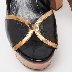 Pre Owned Sergio Rossi Black/Metallic Brown Leather Wooden Platform Open Toe Slingback Pumps Size 37.5