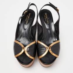 Pre Owned Sergio Rossi Black/Metallic Brown Leather Wooden Platform Open Toe Slingback Pumps Size 37.5