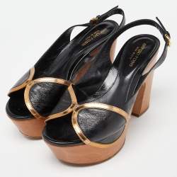 Pre Owned Sergio Rossi Black/Metallic Brown Leather Wooden Platform Open Toe Slingback Pumps Size 37.5