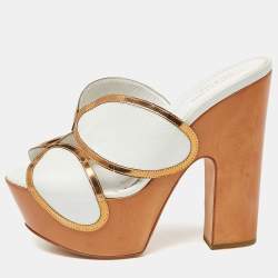 Sergio Rossi White Leather Wooden Platform Slide Sandals Size 38