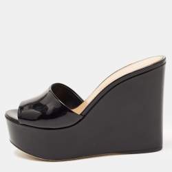 Pre Owned Sergio Rossi Black Patent Leather Wedge Platform Slide Sandals Size 37