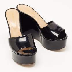 Pre Owned Sergio Rossi Black Patent Leather Wedge Platform Slide Sandals Size 37