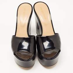 Pre Owned Sergio Rossi Black Patent Leather Wedge Platform Slide Sandals Size 37