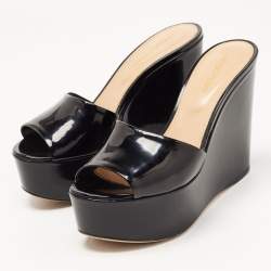 Pre Owned Sergio Rossi Black Patent Leather Wedge Platform Slide Sandals Size 37