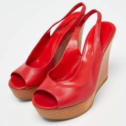 Pre Owned Sergio Rossi Red Leather Platform Wedge Slingback Sandals Size 37.5