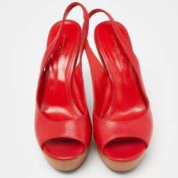 Pre Owned Sergio Rossi Red Leather Platform Wedge Slingback Sandals Size 37.5