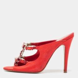 Pre Owned Sergio Rossi Red Fabric Crystal Embellished Slide Sandals Size 38