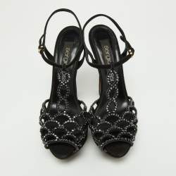 مملوكة مسبقًا Sergio Rossi Black Crystal Embellished Suede T-Bar Ankle Strap Platform Sandals Size 38