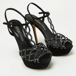 مملو كة مسبقًا Sergio Rossi Black Crystal Embellished Suede T-Bar Ankle Strap Platform Sandals Size 38