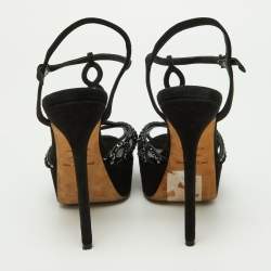 مملوكة مسبقًا Sergio Rossi Black Crystal Embellished Suede T-Bar Ankle Strap Platform Sandals Size 38