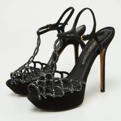 مملوكة مسبقًا Sergio Rossi Black Crystal Embellished Suede T-Bar Ankle Strap Platform Sandals Size 38