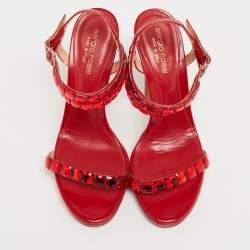 Pre Owned Sergio Rossi Red Leather Crystal Embellished Ankle Strap Sandals Size 37