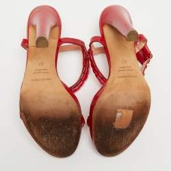 Pre Owned Sergio Rossi Red Leather Crystal Embellished Ankle Strap Sandals Size 37