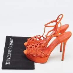 مملوكة مسبقًا Sergio Rossi Orange Suede and Crystal Embellished Strappy Scalloped Platform Sandals Size 38.5