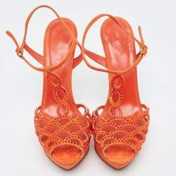 مملوكة مسبقًا Sergio Rossi Orange Suede and Crystal Embellished Strappy Scalloped Platform Sandals Size 38.5