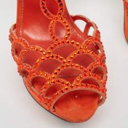 مملوكة مسبقًا Sergio Rossi Orange Suede and Crystal Embellished Strappy Scalloped Platform Sandals Size 38.5