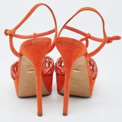 مملوكة مسبقًا Sergio Rossi Orange Suede and Crystal Embellished Strappy Scalloped Platform Sandals Size 38.5