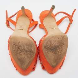 مملوكة مسبقًا Sergio Rossi Orange Suede and Crystal Embellished Strappy Scalloped Platform Sandals Size 38.5