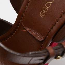 Pre Owned Sergio Rossi Pink/Brown Leather Wedge Platform Ankle Strap Sandals Size 37.5