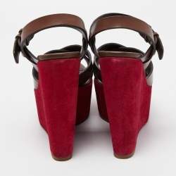 Pre Owned Sergio Rossi Pink/Brown Leather Wedge Platform Ankle Strap Sandals Size 37.5
