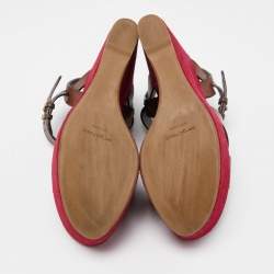 Pre Owned Sergio Rossi Pink/Brown Leather Wedge Platform Ankle Strap Sandals Size 37.5