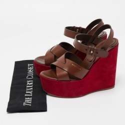 Pre Owned Sergio Rossi Pink/Brown Leather Wedge Platform Ankle Strap Sandals Size 37.5