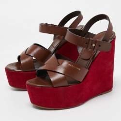Pre Owned Sergio Rossi Pink/Brown Leather Wedge Platform Ankle Strap Sandals Size 37.5