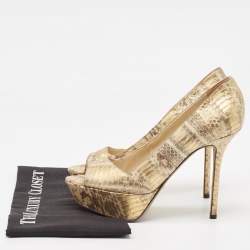 Sergio Rossi Beige/Gold Water Snake Embossed Leather Peep Toe Pumps Size 38.5