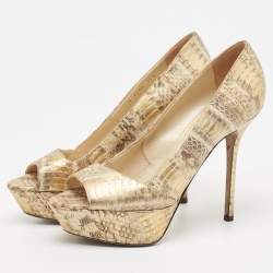 Sergio Rossi Beige/Gold Water Snake Embossed Leather Peep Toe Pumps Size 38.5