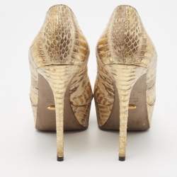 Sergio Rossi Beige/Gold Water Snake Embossed Leather Peep Toe Pumps Size 38.5