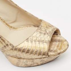 Sergio Rossi Beige/Gold Water Snake Embossed Leather Peep Toe Pumps Size 38.5
