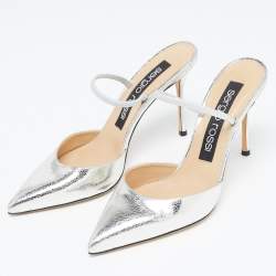 Pre Owned Sergio Rossi Silver Leather Embellished Slingback Pumps Size 38