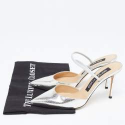 Pre Owned Sergio Rossi Silver Leather Embellished Slingback Pumps Size 38