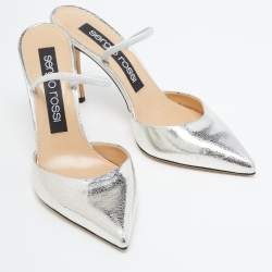 Pre Owned Sergio Rossi Silver Leather Embellished Slingback Pumps Size 38
