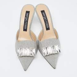 Sergio Rossi Silver Glitter Crystal Embellished Mules Size 40