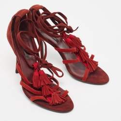 Pre Owned Sergio Rossi Two Tone Suede Tassel Detail Ankle Tie Sandals Size 38.5 