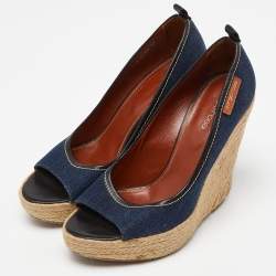 Pre Owned صندل سيرجيو روسي جلد وقش أزرق/بيج كعب روكي فتحة كعب مقاس 37