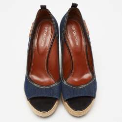 Pre Owned صندل سيرجيو روسي جلد وقش أزرق/بيج كعب روكي فتحة كعب مقاس 37