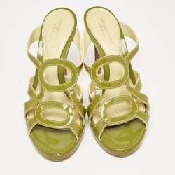 Sergio Rossi Green Patent Leather Platform Strappy Slide Sandals Size 39