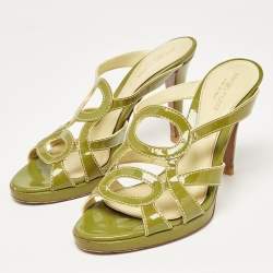 Sergio Rossi Green Patent Leather Platform Strappy Slide Sandals Size 39