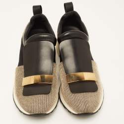 Pre Owned Sergio Rossi Gold/Black Leather and Fabric SR1 Slip On Sneakers Size 40