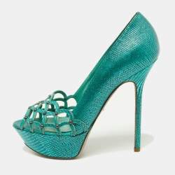 Sergio Rossi Green Laser Cut Lizard Embossed Leather Platform Pumps Size 38